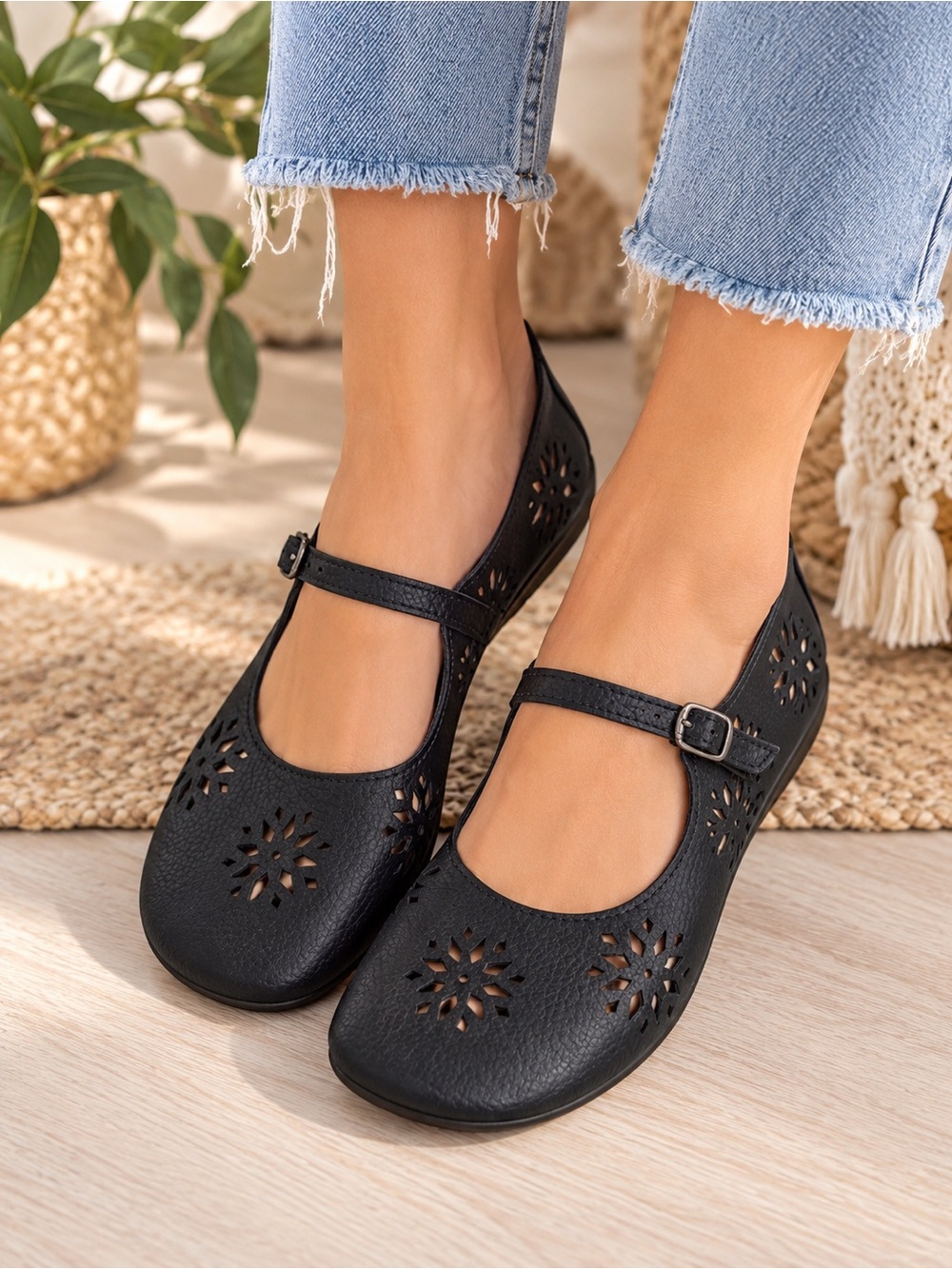 Amazon Black Mary Jane Laser-Cut Comfort Flats
